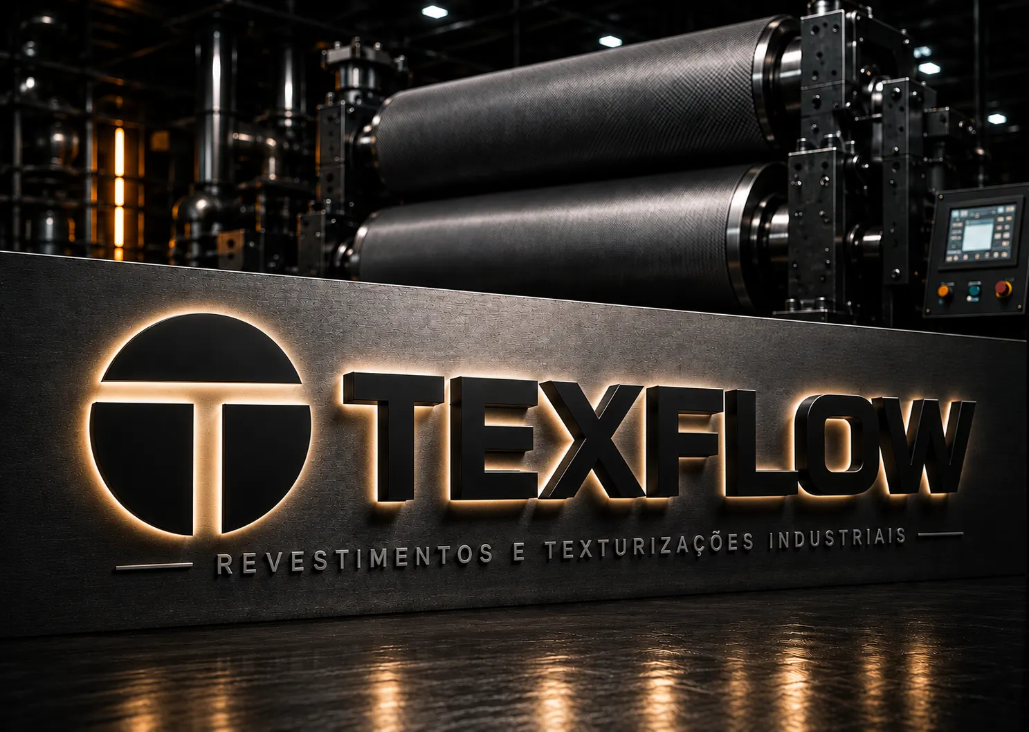 Fachada metálica com a logo da TexFlow em ambiente industrial
