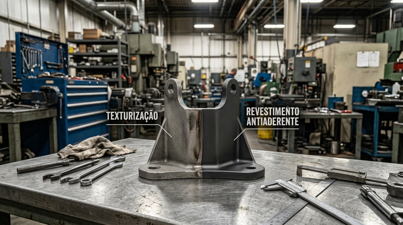 Peça metálica industrial dividida ao meio comparando o lado com texturização e o lado com revestimento antiaderente, sobre bancada de oficina com ferramentas